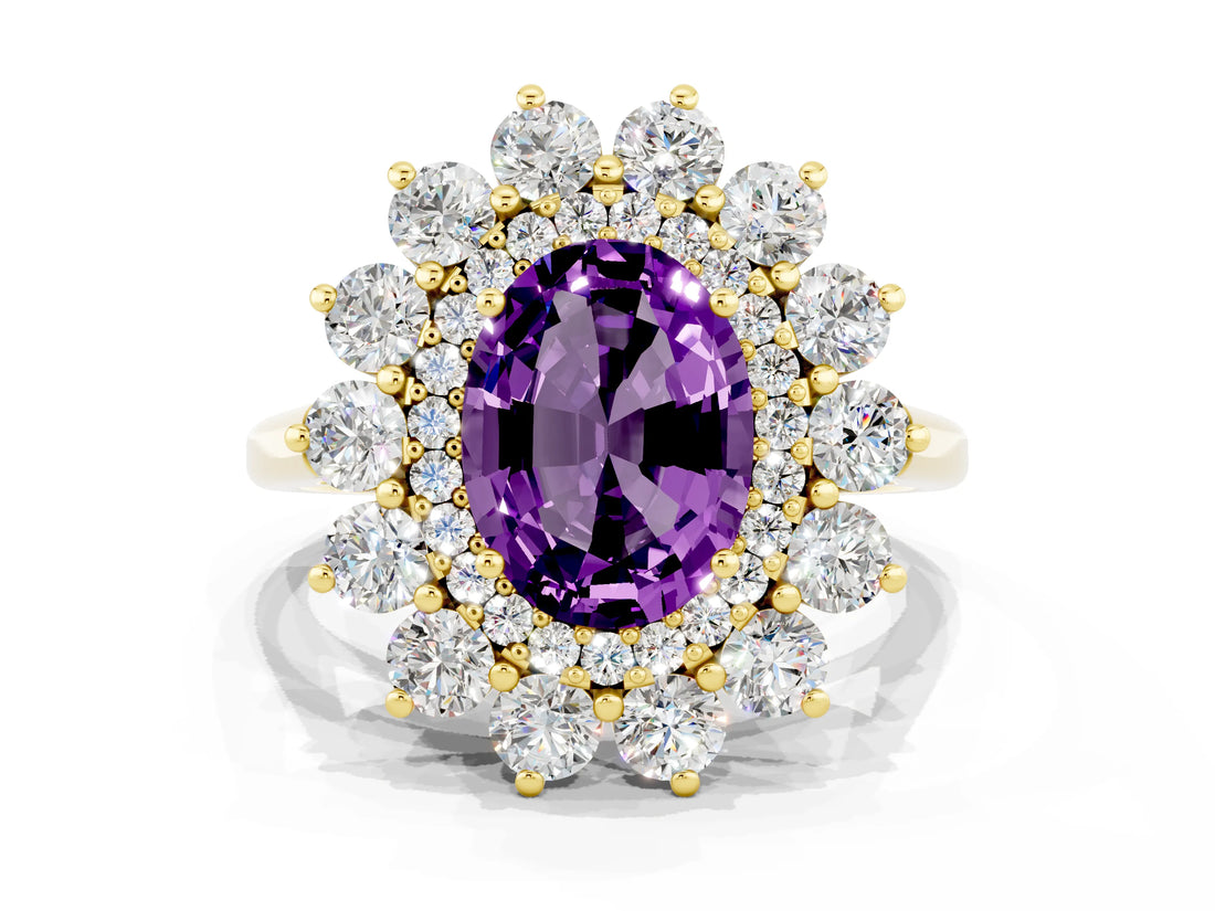 Yellow gold Oval Cut Halo Cluster Diamond Ring with Pave Band and Four-Prong Setting_18