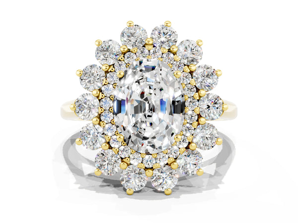 Yellow gold Oval Cut Moissanite Floral Double Halo Engagement Ring with Prong Setting