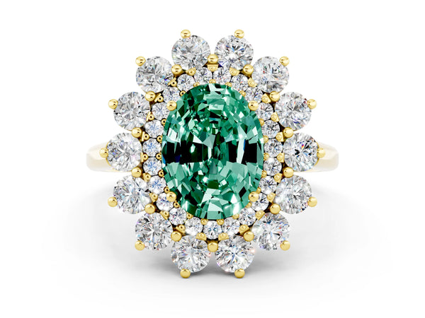 Yellow gold Oval Cut Green Sapphire Floral Double Halo Engagement Ring with Prong Setting