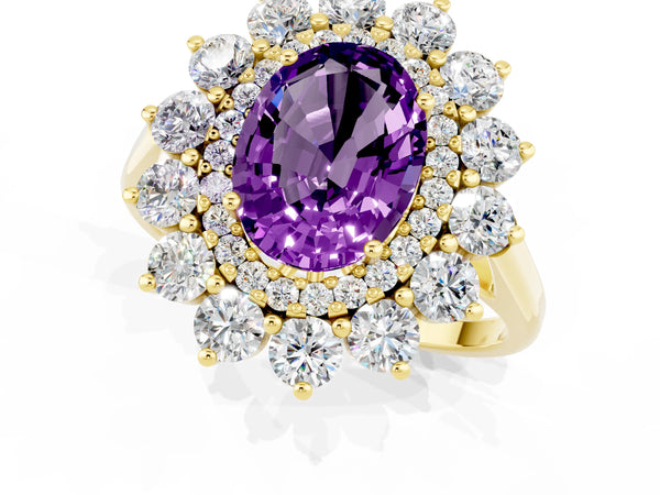 Yellow gold Oval Cut Amethyst Floral Double Halo Engagement Ring with Prong Setting