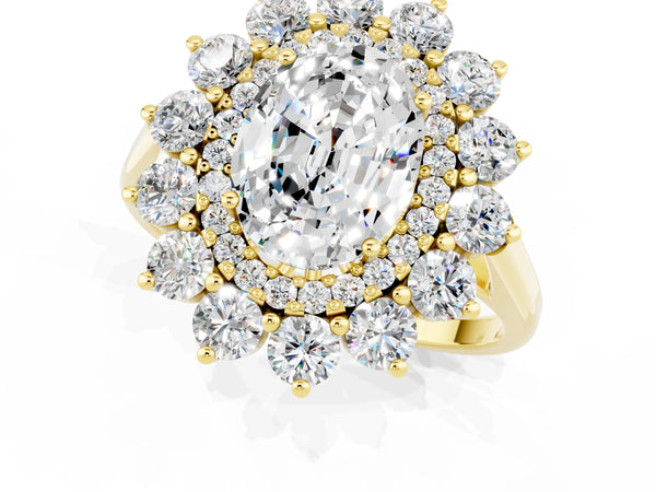 Yellow gold Oval Cut Moissanite Floral Double Halo Engagement Ring with Prong Setting
