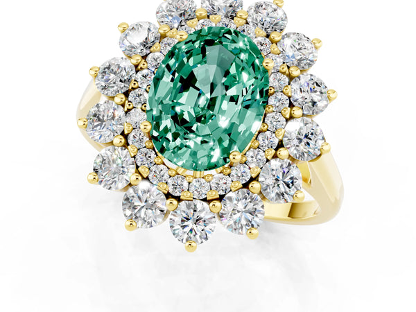 Yellow gold Oval Cut Green Sapphire Floral Double Halo Engagement Ring with Prong Setting