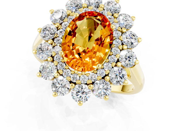 Yellow gold Oval Cut Citrine Floral Double Halo Engagement Ring with Prong Setting