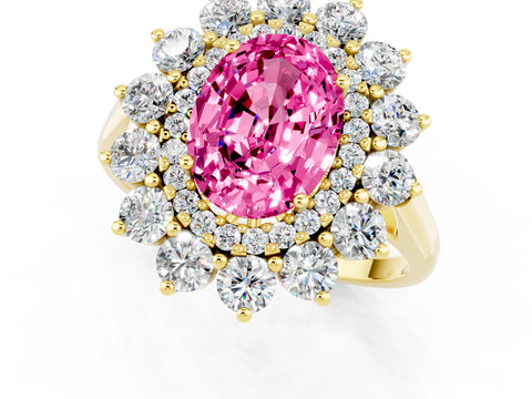 Yellow gold Oval Cut Halo Cluster Diamond Ring with Pave Band and Four-Prong Setting_1