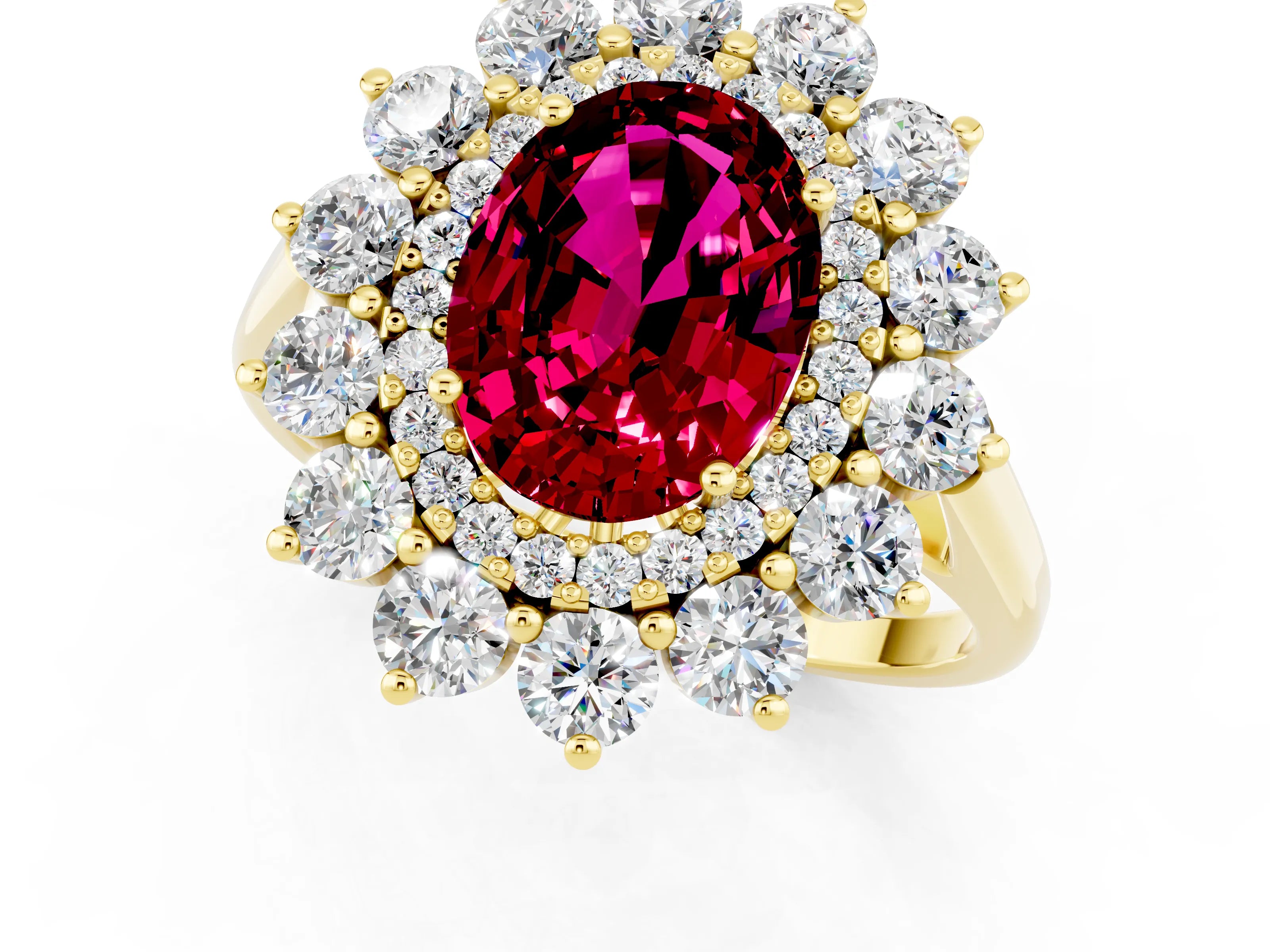 Yellow gold Oval Cut Halo Cluster Diamond Ring with Pave Band and Four-Prong Setting_1