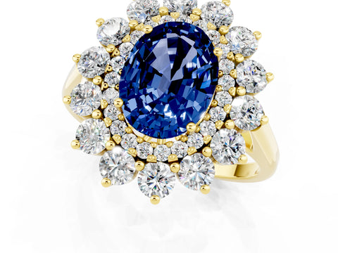 Yellow gold Oval Cut Halo Cluster Diamond Ring with Pave Band and Four-Prong Setting_1