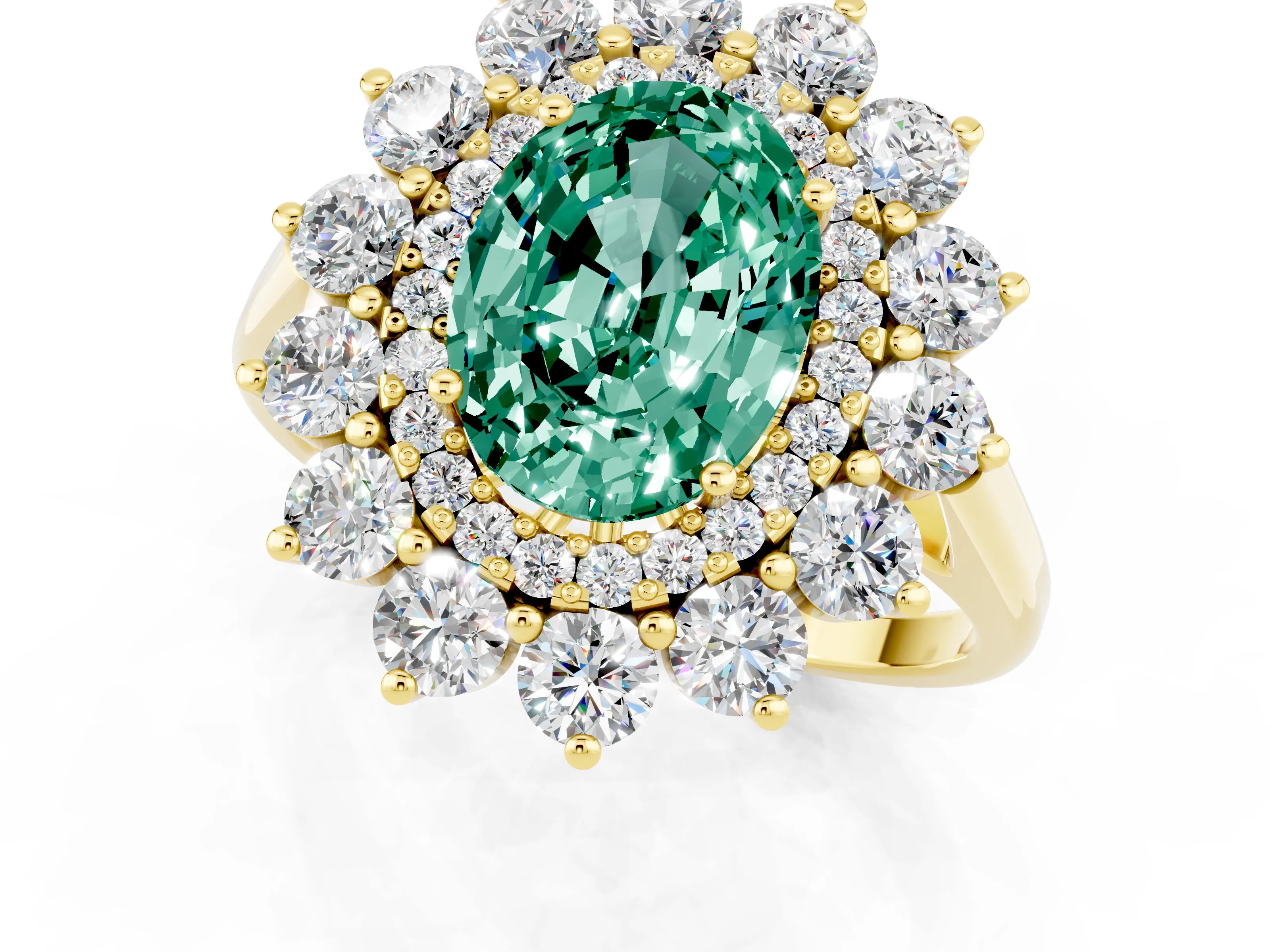 Yellow gold Oval Cut Halo Cluster Diamond Ring with Pave Band and Four-Prong Setting_1