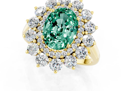 Yellow gold Oval Cut Halo Cluster Diamond Ring with Pave Band and Four-Prong Setting_1