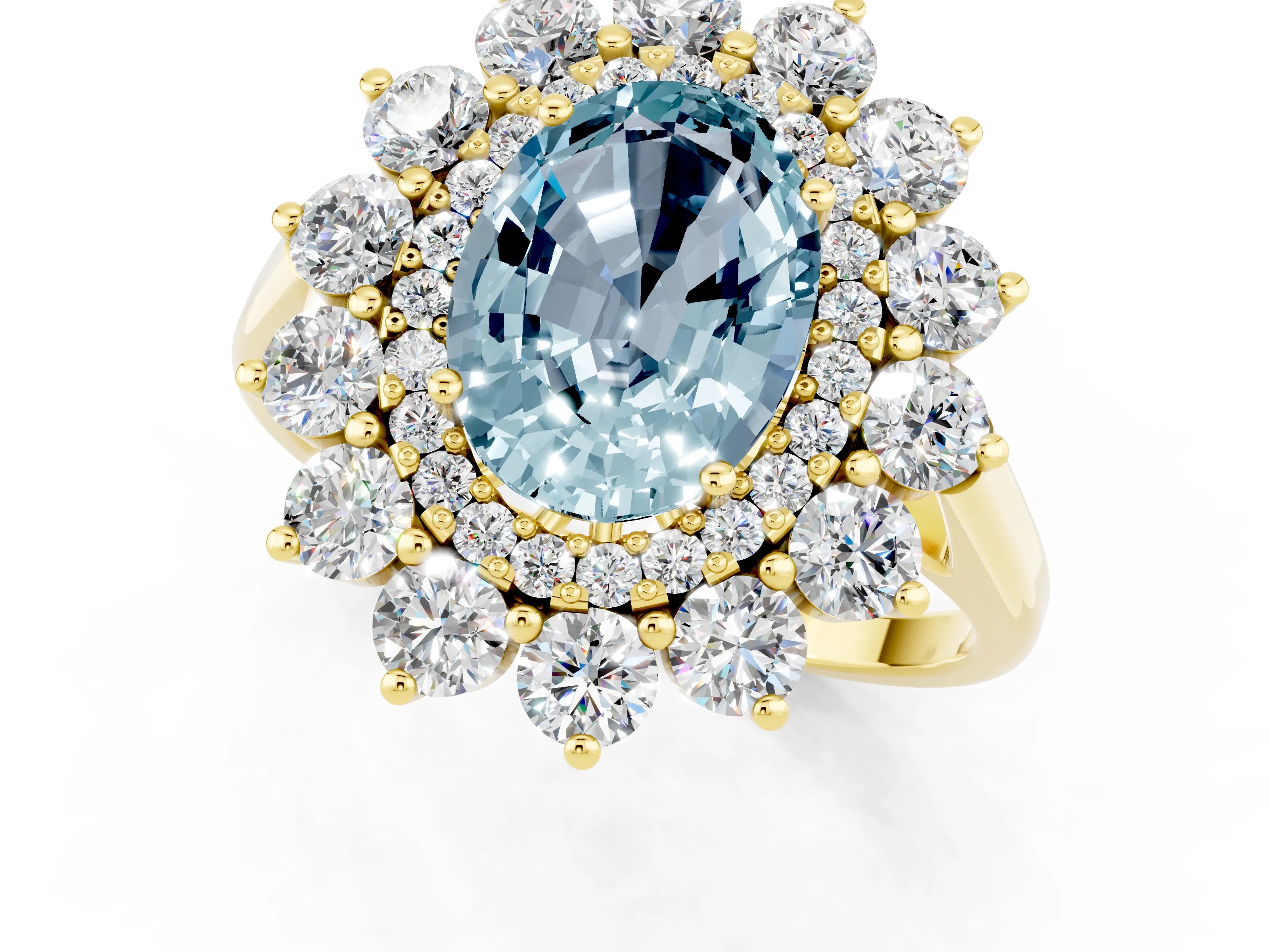 Yellow gold Oval Cut Halo Cluster Diamond Ring with Pave Band and Four-Prong Setting_1