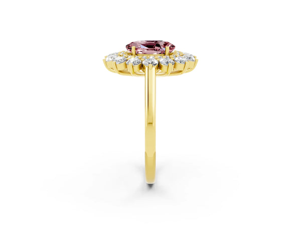 Yellow gold Oval Cut Halo Cluster Diamond Ring with Pave Band and Four-Prong Setting