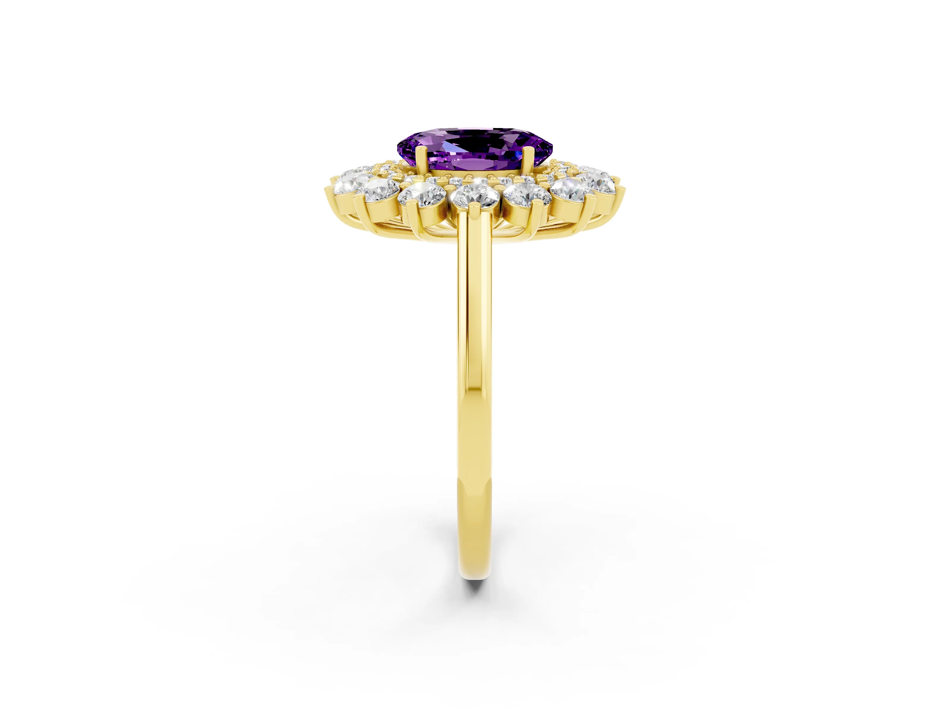Yellow gold Oval Cut Halo Cluster Diamond Ring with Pave Band and Four-Prong Setting_20