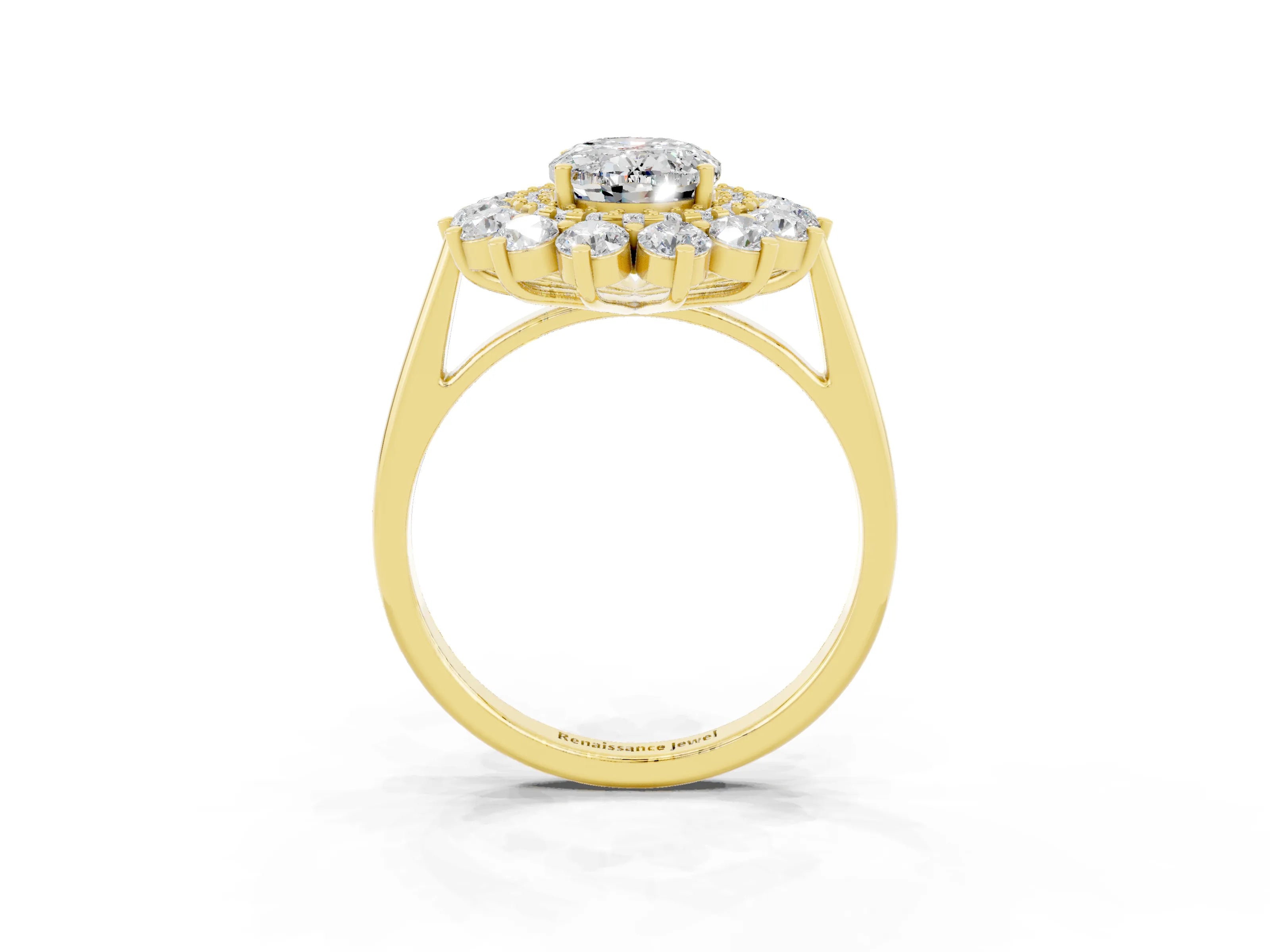 Yellow gold Oval Cut Halo Cluster Diamond Ring with Pave Band and Four-Prong Setting_21