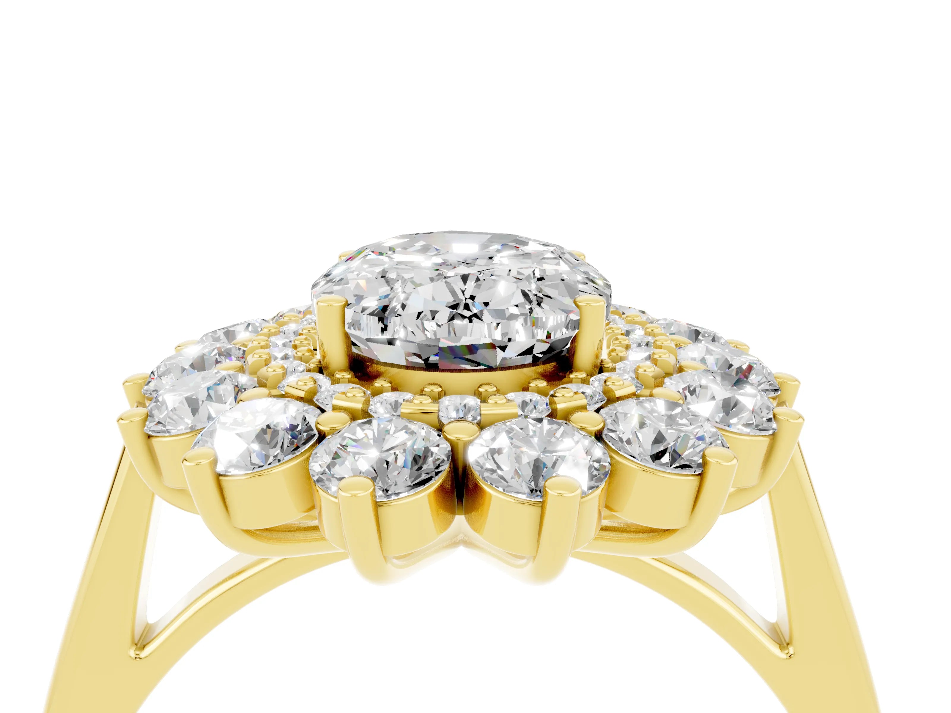 Yellow gold Oval Cut Halo Cluster Diamond Ring with Pave Band and Four-Prong Setting_22