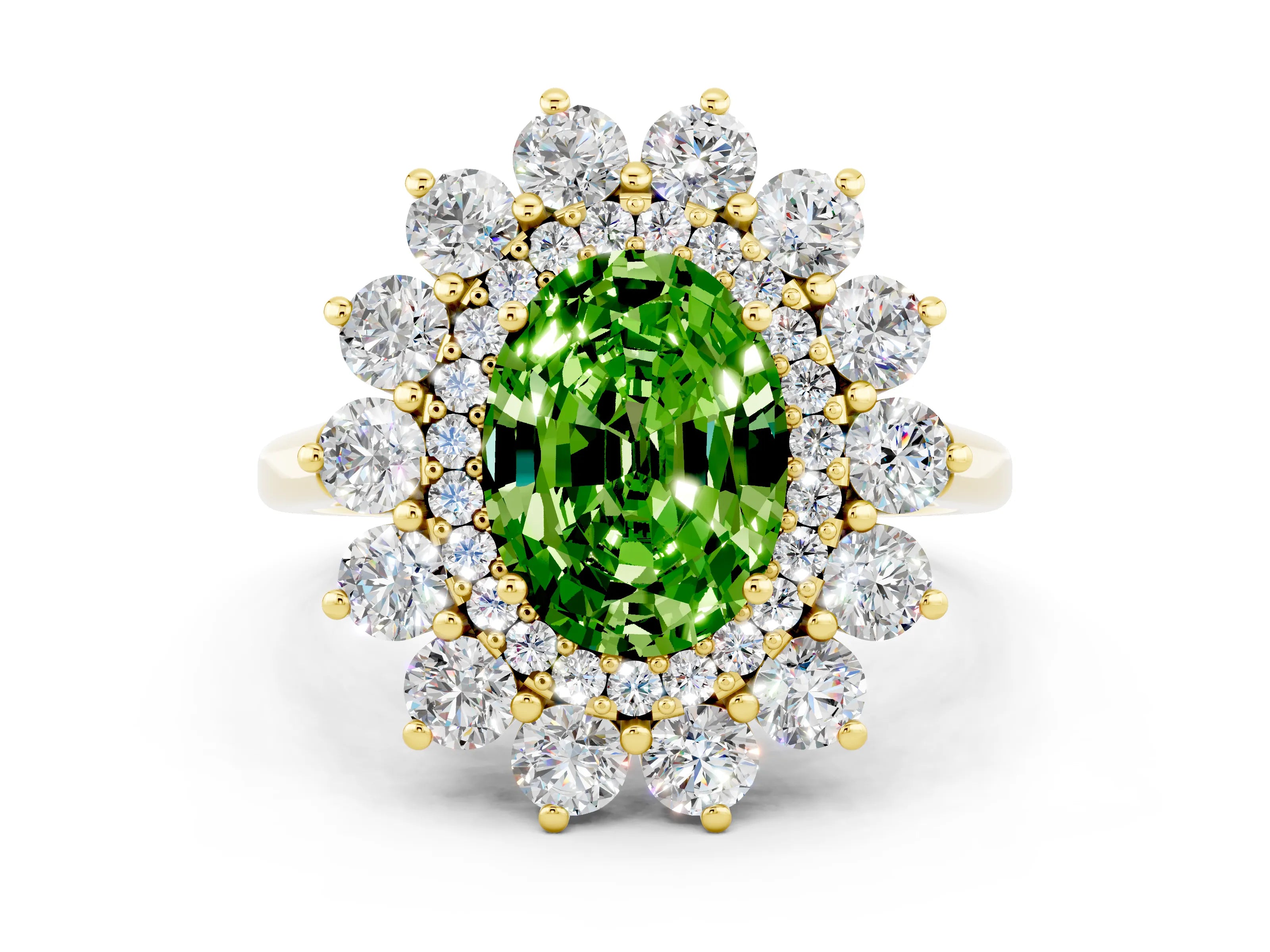 Yellow gold Oval Cut Halo Cluster Diamond Ring with Pave Band and Four-Prong Setting