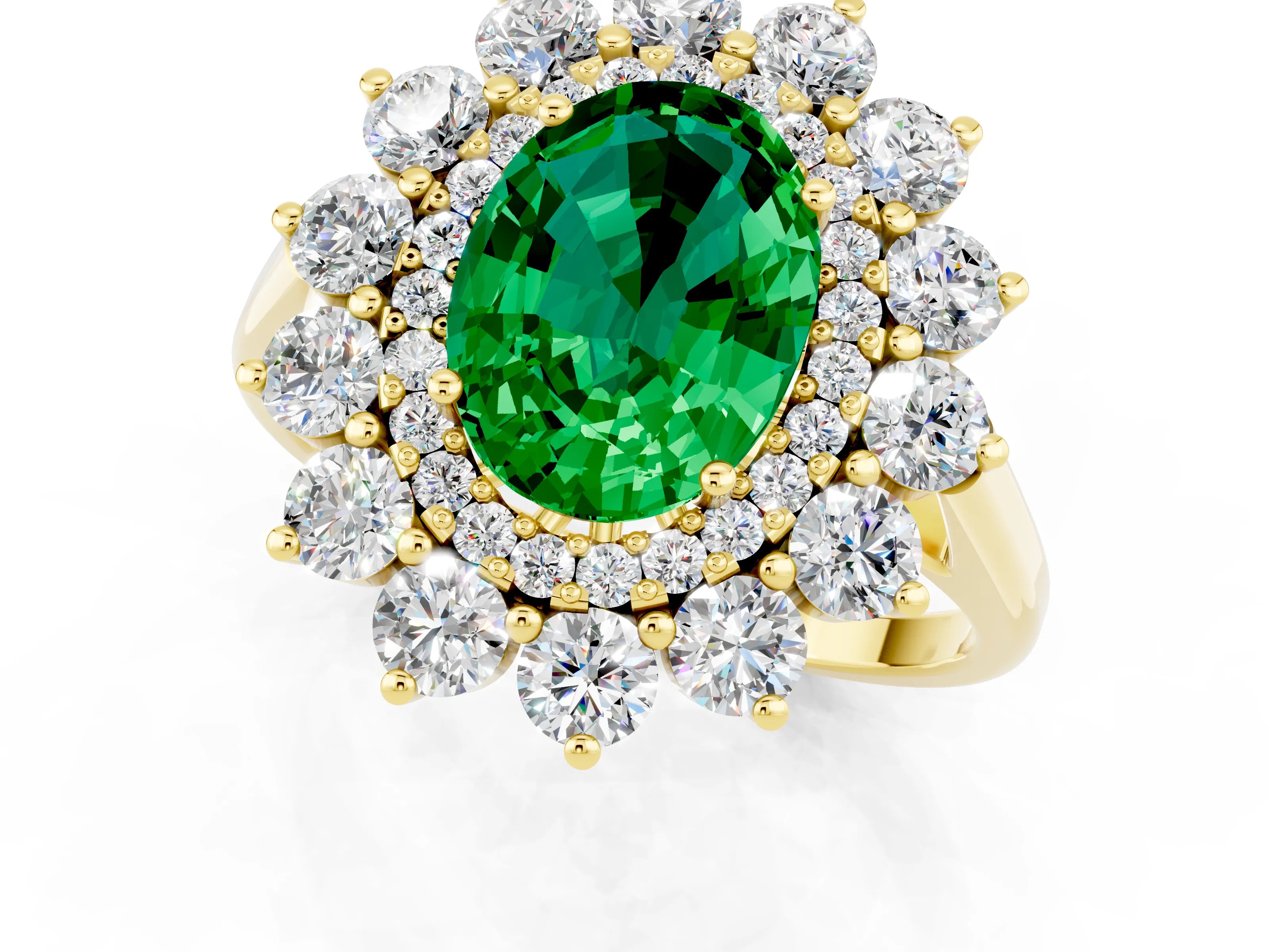 Yellow gold Oval Cut Halo Cluster Diamond Ring with Pave Band and Four-Prong Setting_25