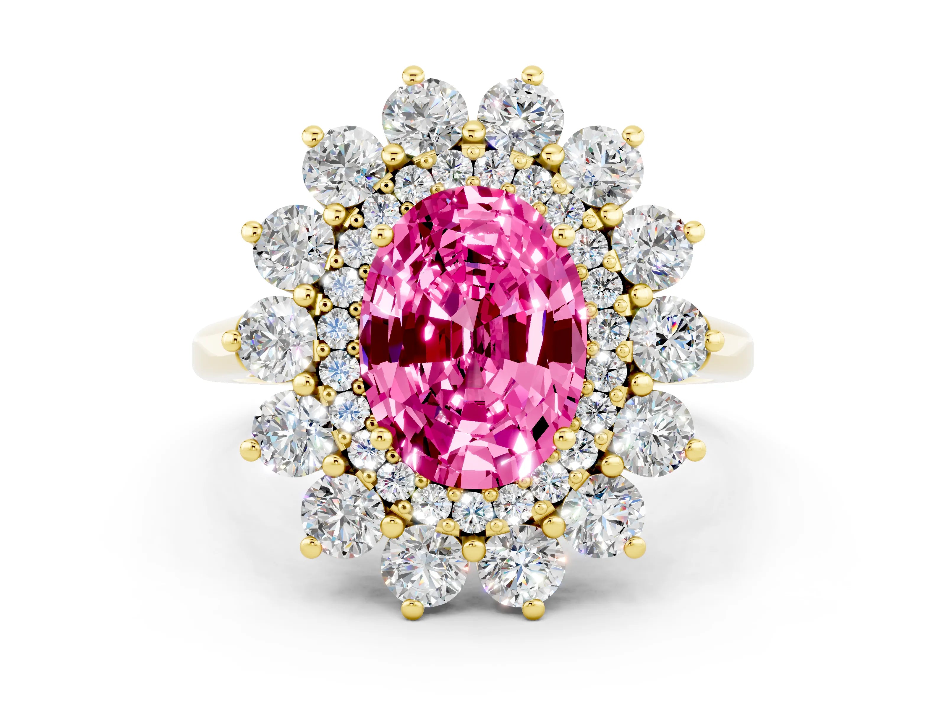 Yellow gold Oval Cut Halo Cluster Diamond Ring with Pave Band and Four-Prong Setting