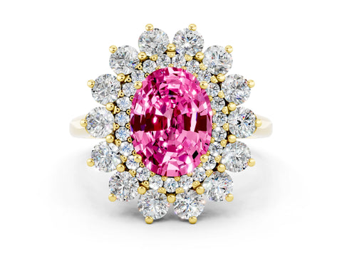 Yellow gold Oval Cut Halo Cluster Diamond Ring with Pave Band and Four-Prong Setting