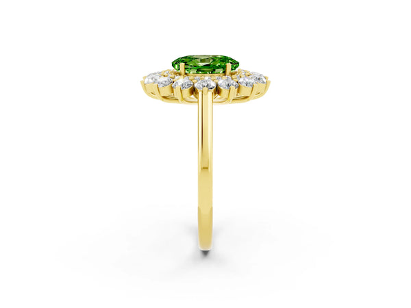 Yellow gold Oval Cut Halo Cluster Diamond Ring with Pave Band and Four-Prong Setting