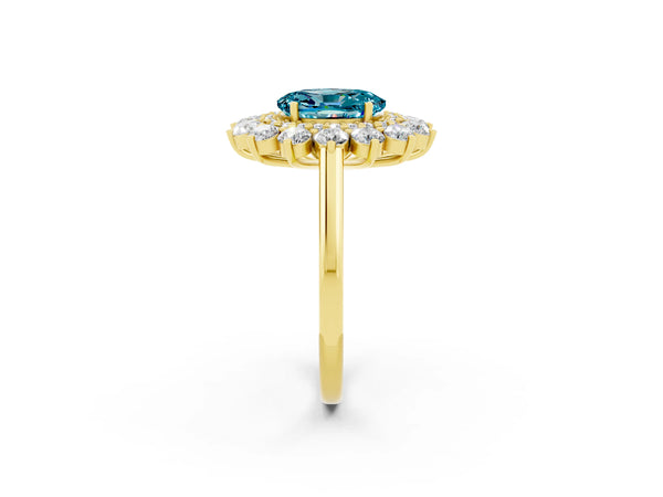 Yellow gold Oval Cut Halo Cluster Diamond Ring with Pave Band and Four-Prong Setting