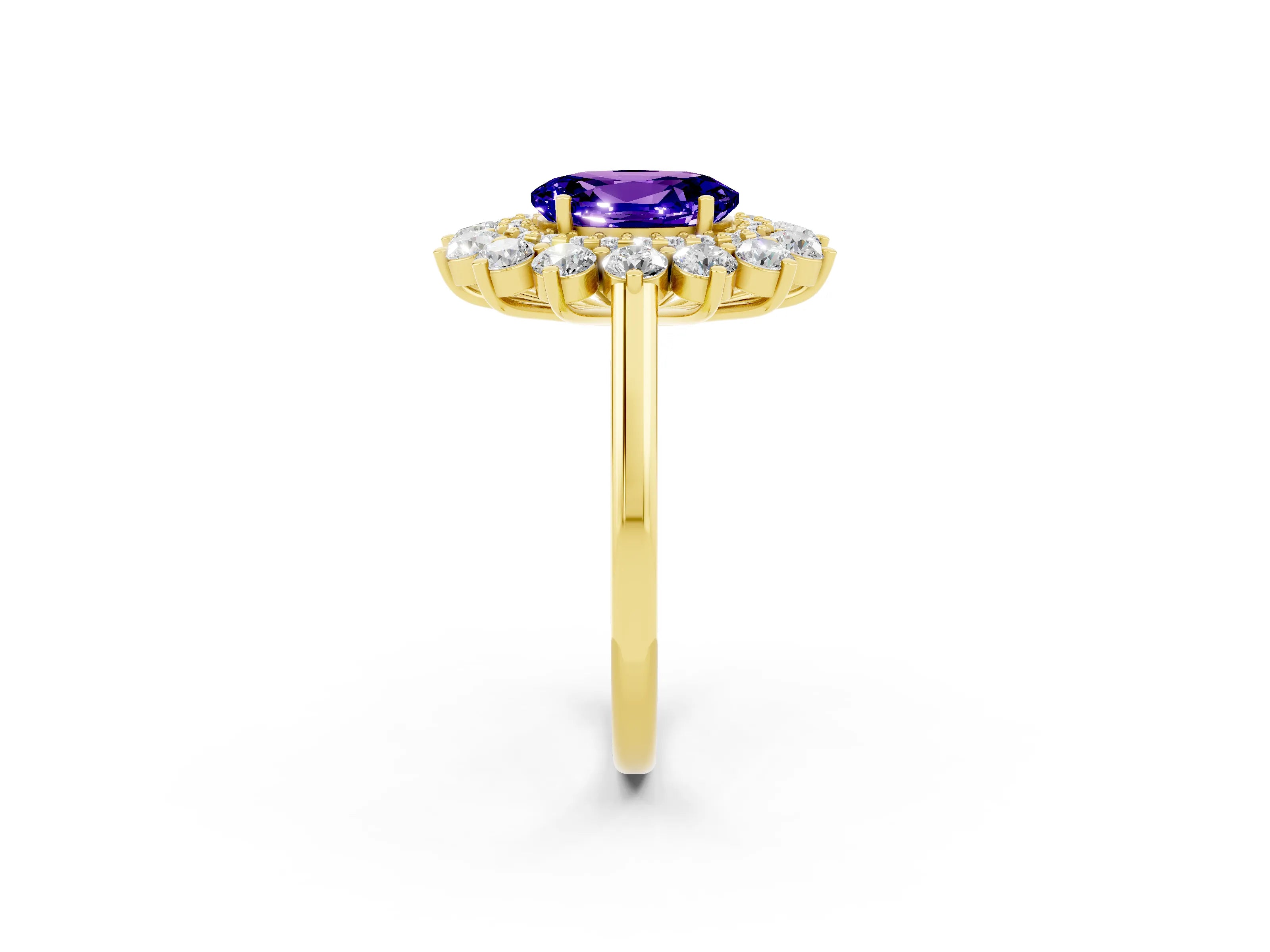 Yellow gold Oval Cut Halo Cluster Diamond Ring with Pave Band and Four-Prong Setting_2