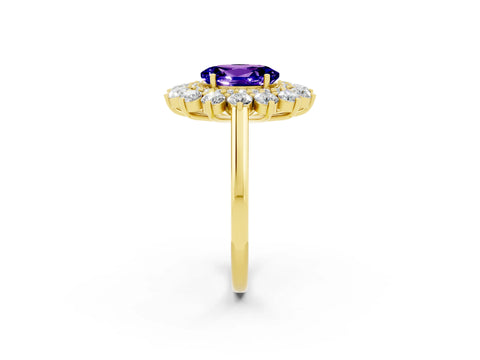 Yellow gold Oval Cut Halo Cluster Diamond Ring with Pave Band and Four-Prong Setting_2