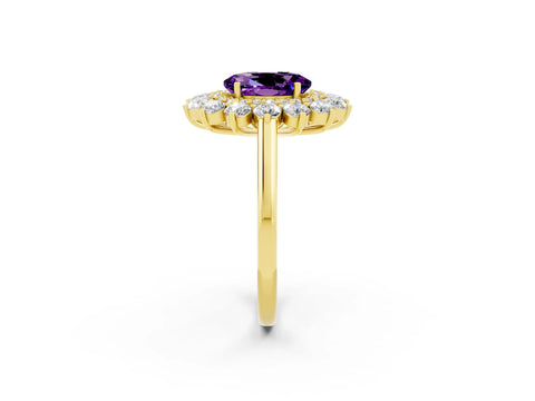 Yellow gold Oval Cut Halo Cluster Diamond Ring with Pave Band and Four-Prong Setting_2