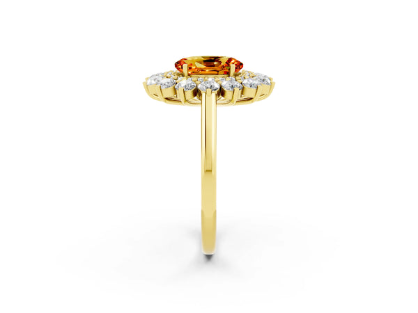 Yellow gold Oval Cut Citrine Floral Double Halo Engagement Ring with Prong Setting