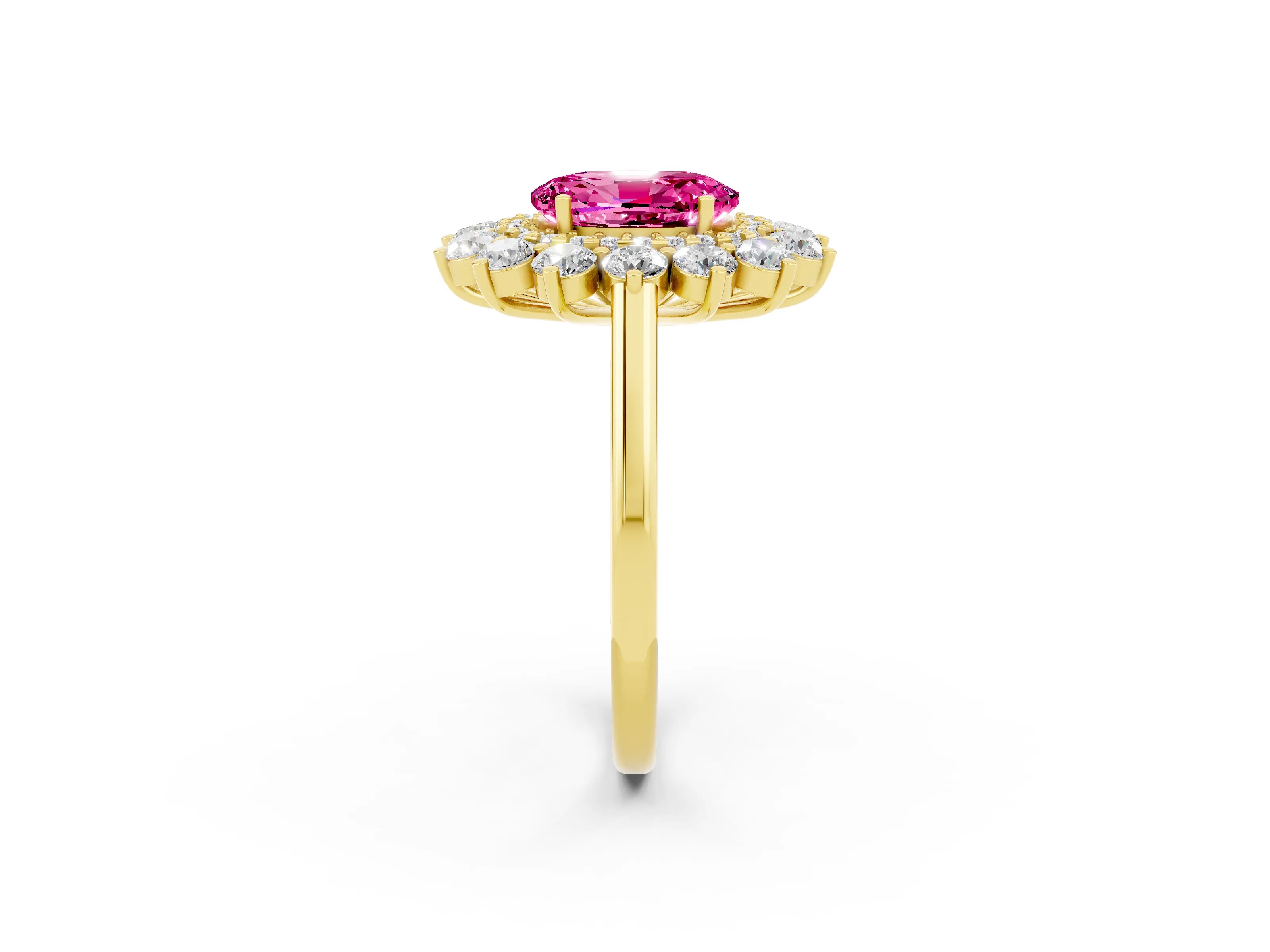 Yellow gold Oval Cut Halo Cluster Diamond Ring with Pave Band and Four-Prong Setting_2
