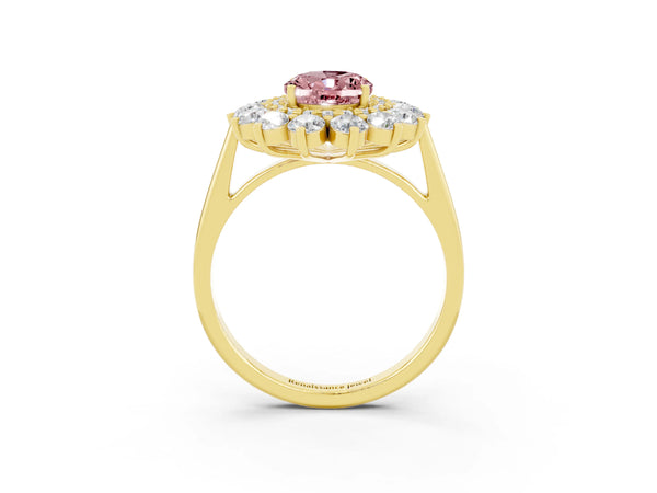 Yellow gold Oval Cut Halo Cluster Diamond Ring with Pave Band and Four-Prong Setting