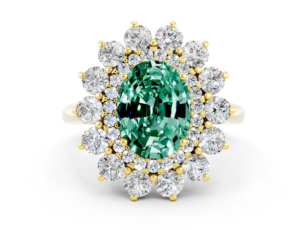 Yellow gold Oval Cut Green Sapphire Floral Double Halo Engagement Ring with Prong Setting