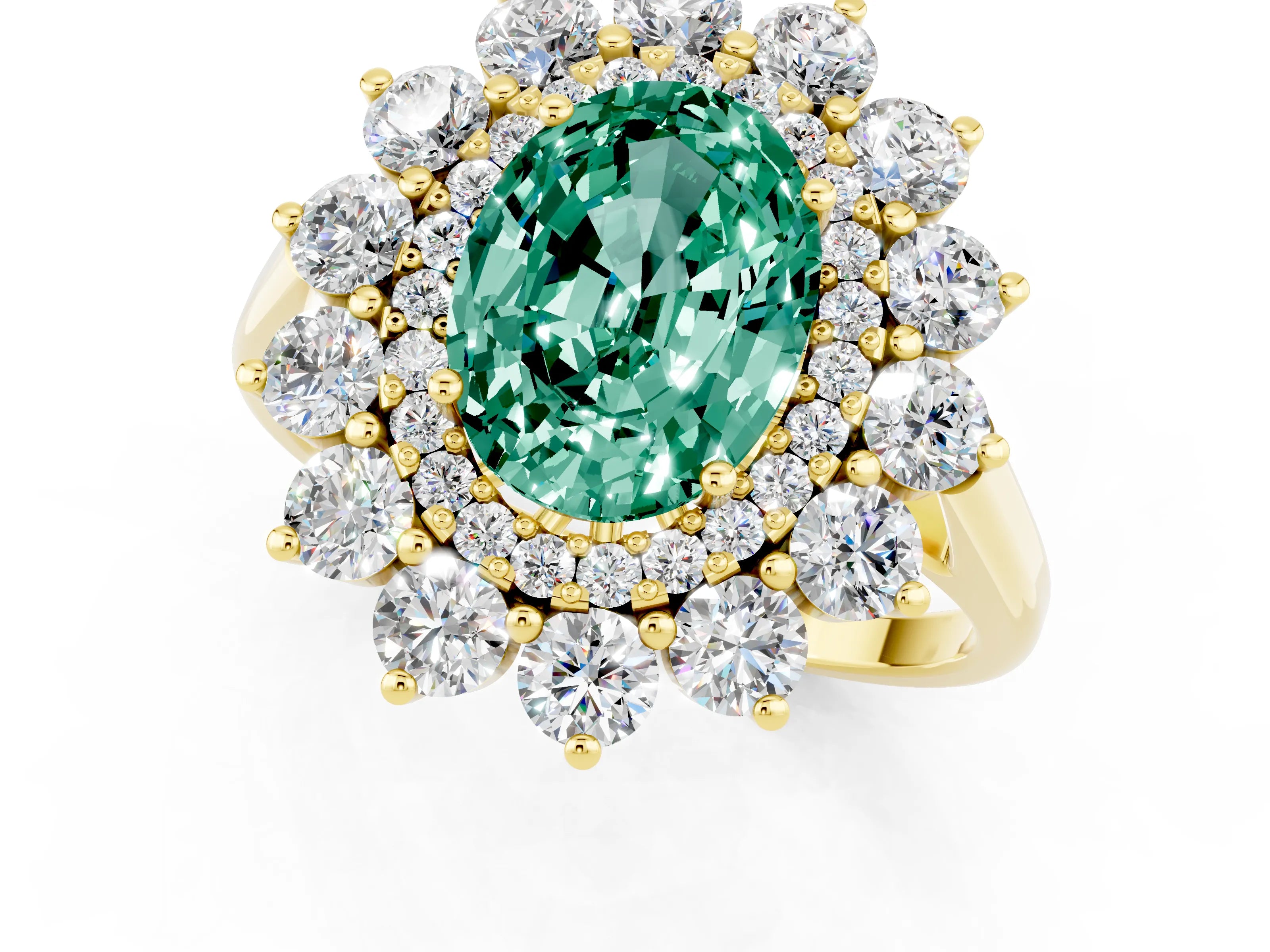 Yellow gold Oval Cut Halo Cluster Diamond Ring with Pave Band and Four-Prong Setting_31