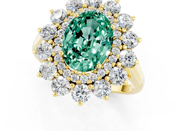 Yellow gold Oval Cut Green Sapphire Floral Double Halo Engagement Ring with Prong Setting