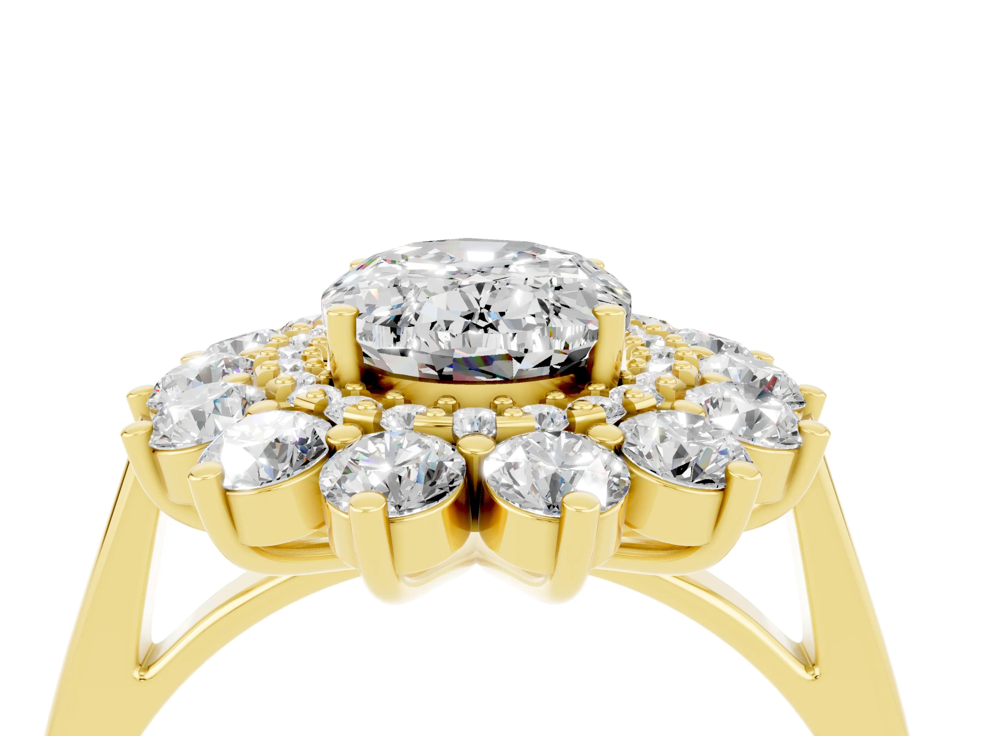 Yellow gold Oval Cut Halo Cluster Diamond Ring with Pave Band and Four-Prong Setting_34