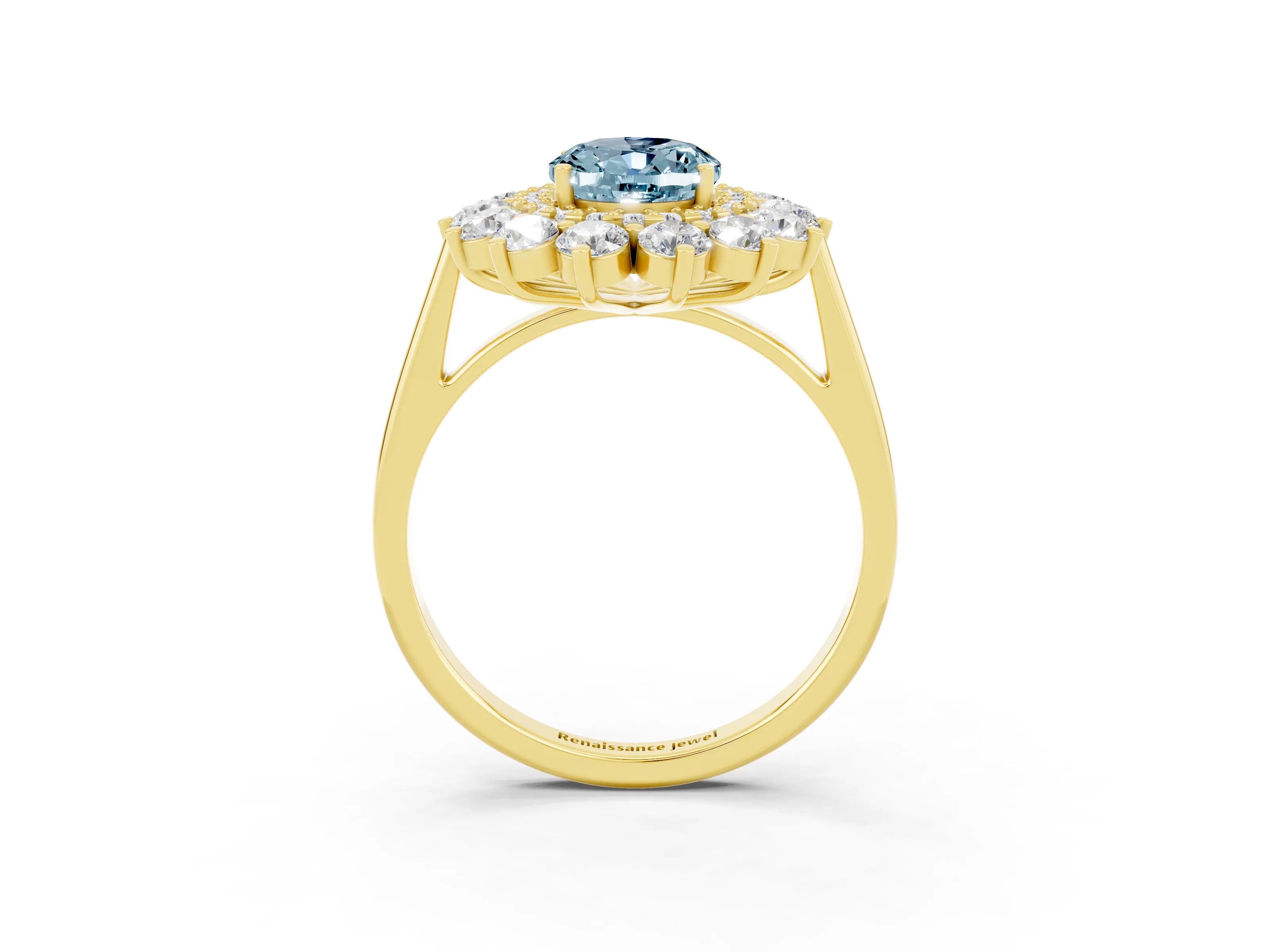 Yellow gold Oval Cut Halo Cluster Diamond Ring with Pave Band and Four-Prong Setting_3