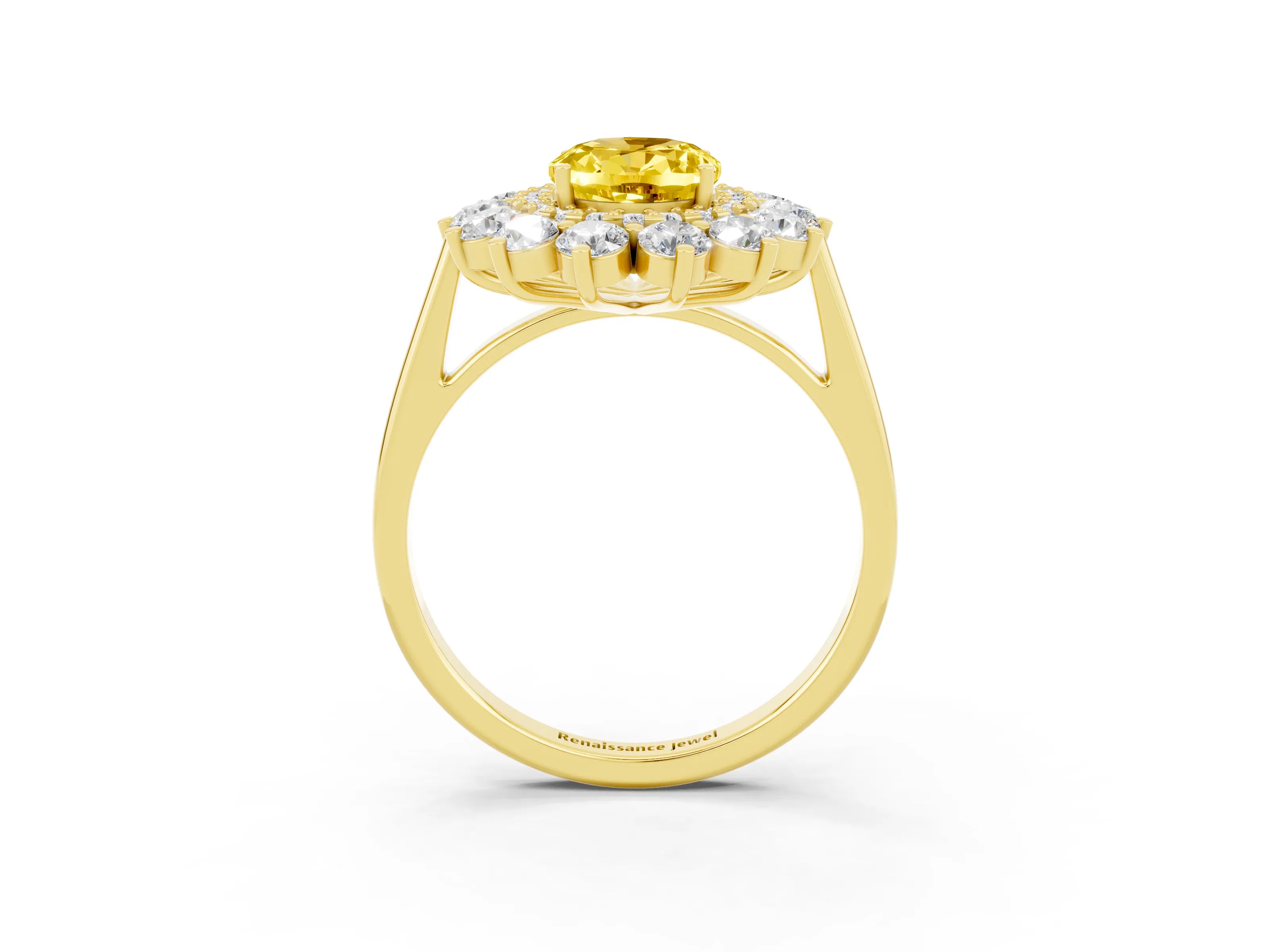 Yellow gold Oval Cut Halo Cluster Diamond Ring with Pave Band and Four-Prong Setting_3