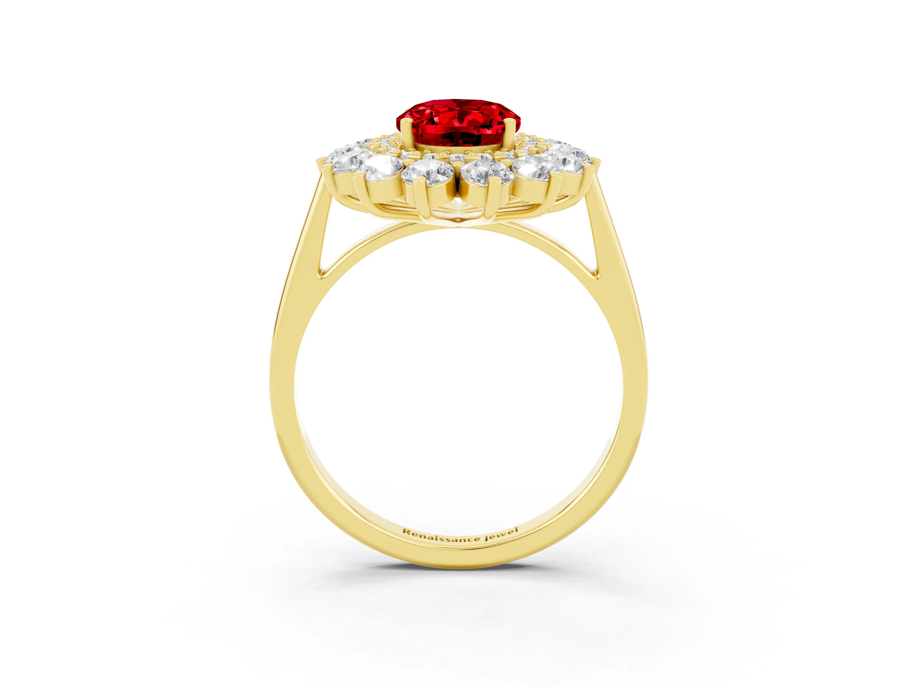 Yellow gold Oval Cut Halo Cluster Diamond Ring with Pave Band and Four-Prong Setting_3