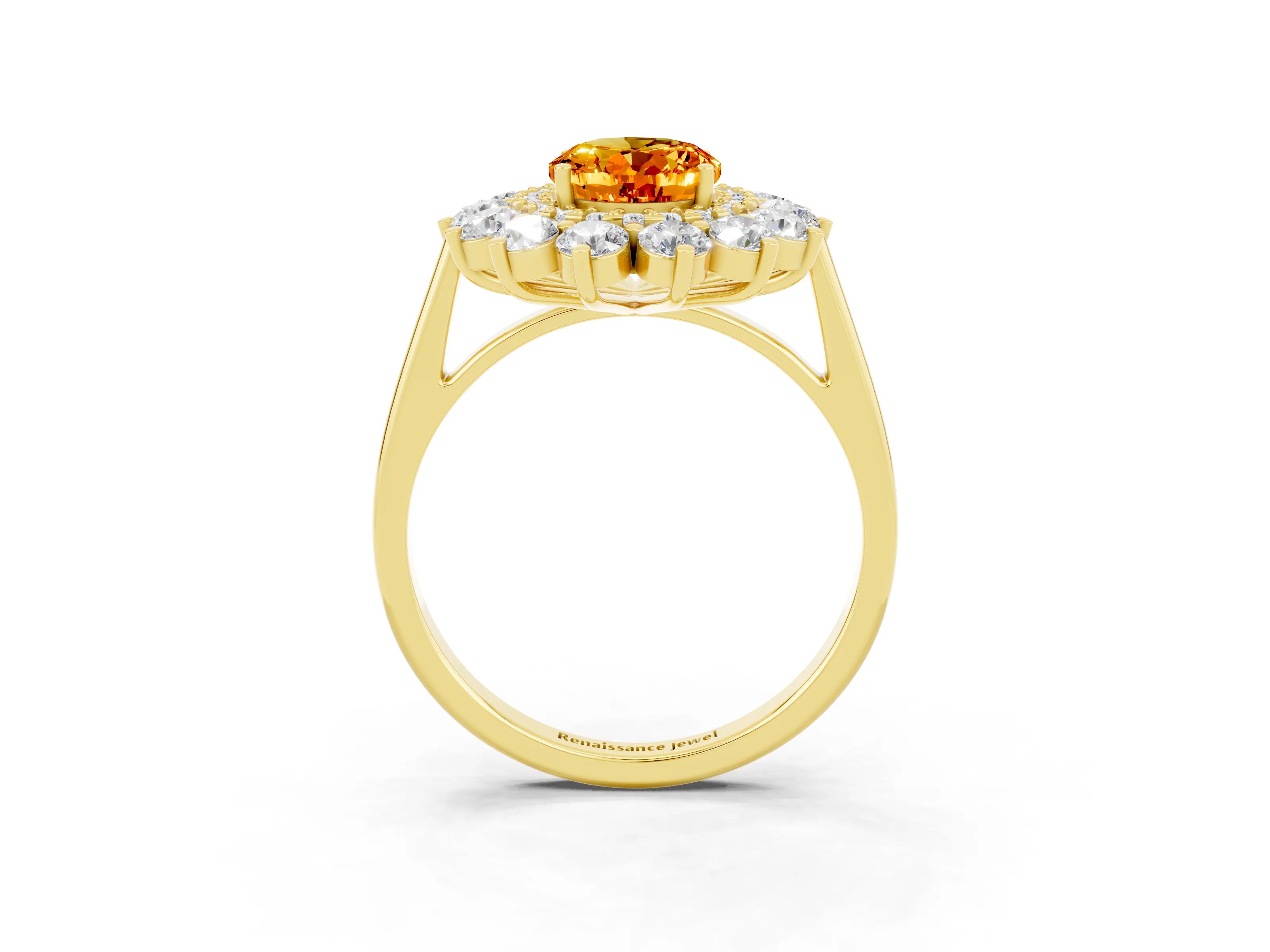 Yellow gold Oval Cut Halo Cluster Diamond Ring with Pave Band and Four-Prong Setting_3