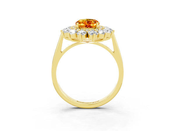 Yellow gold Oval Cut Citrine Floral Double Halo Engagement Ring with Prong Setting