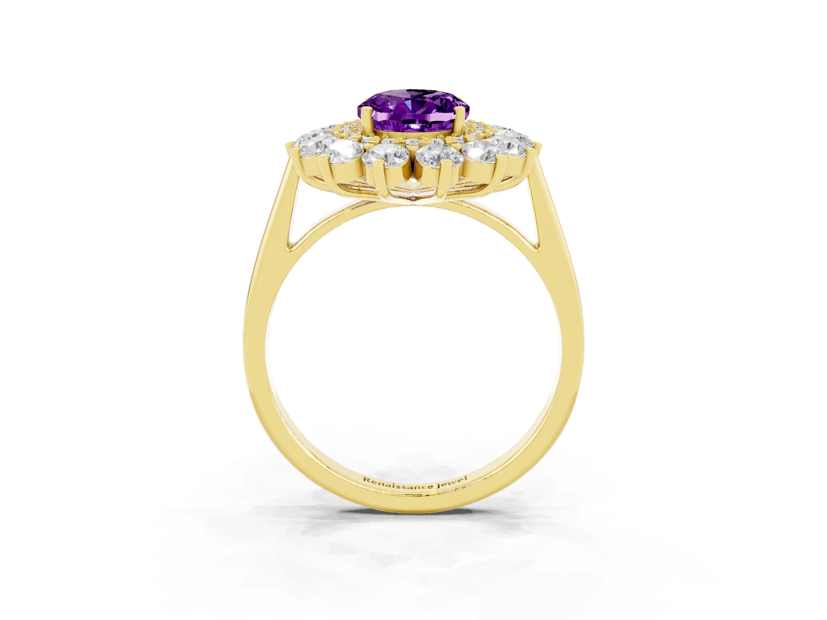 Yellow gold Oval Cut Halo Cluster Diamond Ring with Pave Band and Four-Prong Setting_3