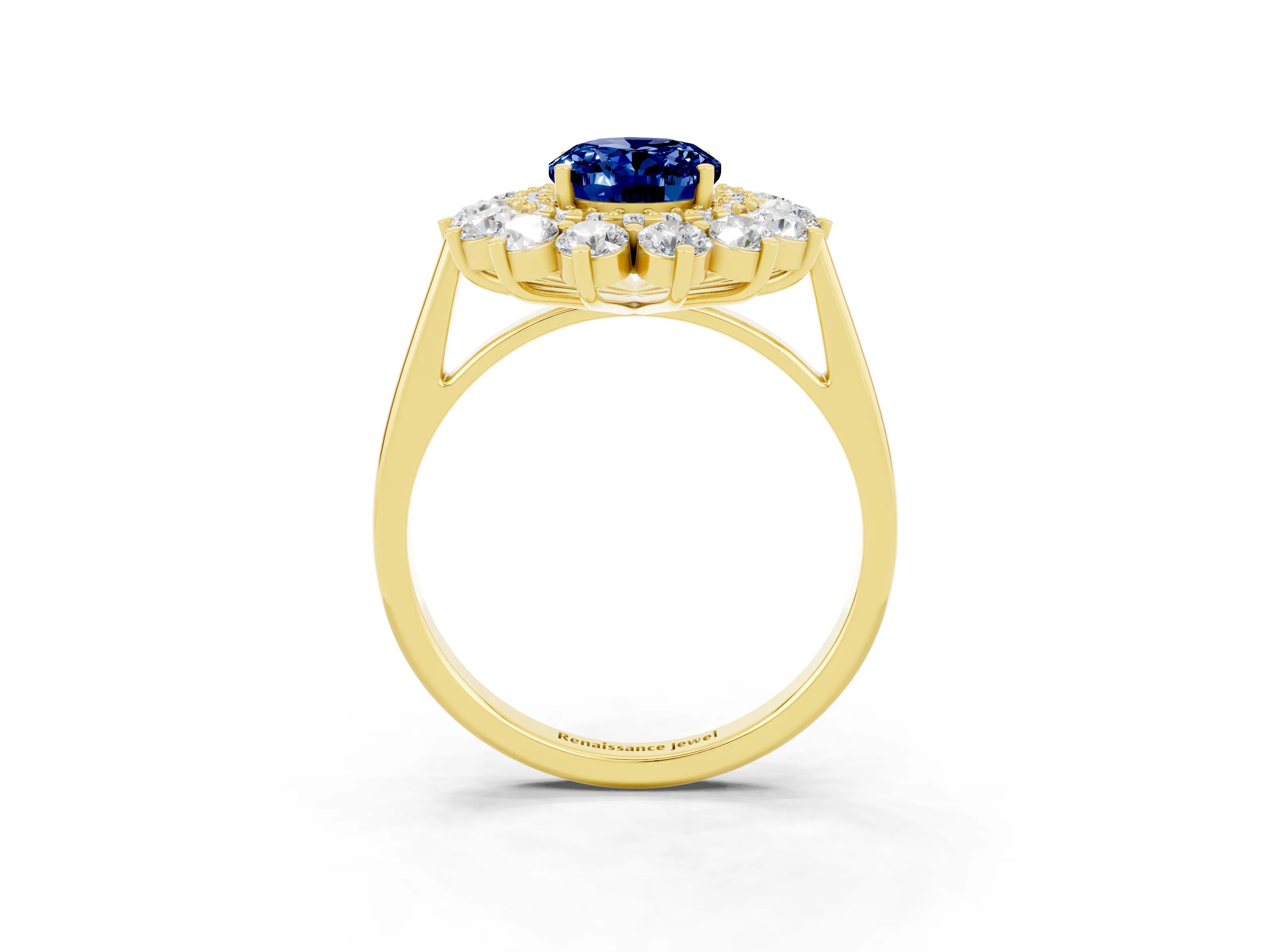 Yellow gold Oval Cut Halo Cluster Diamond Ring with Pave Band and Four-Prong Setting_3