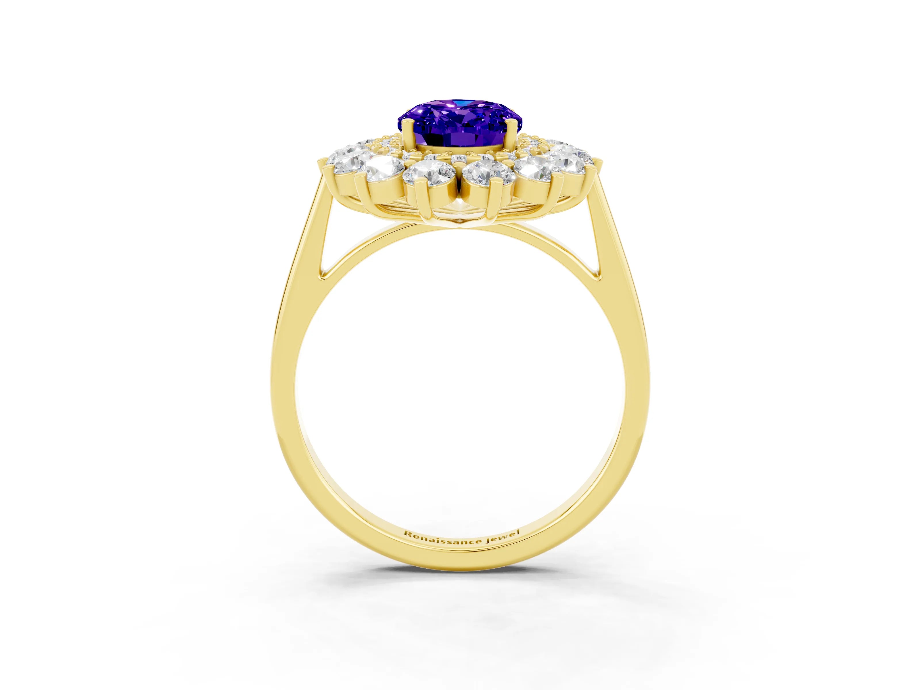 Yellow gold Oval Cut Halo Cluster Diamond Ring with Pave Band and Four-Prong Setting_3