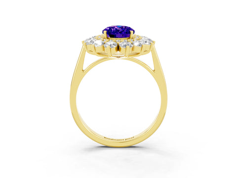 Yellow gold Oval Cut Halo Cluster Diamond Ring with Pave Band and Four-Prong Setting_3