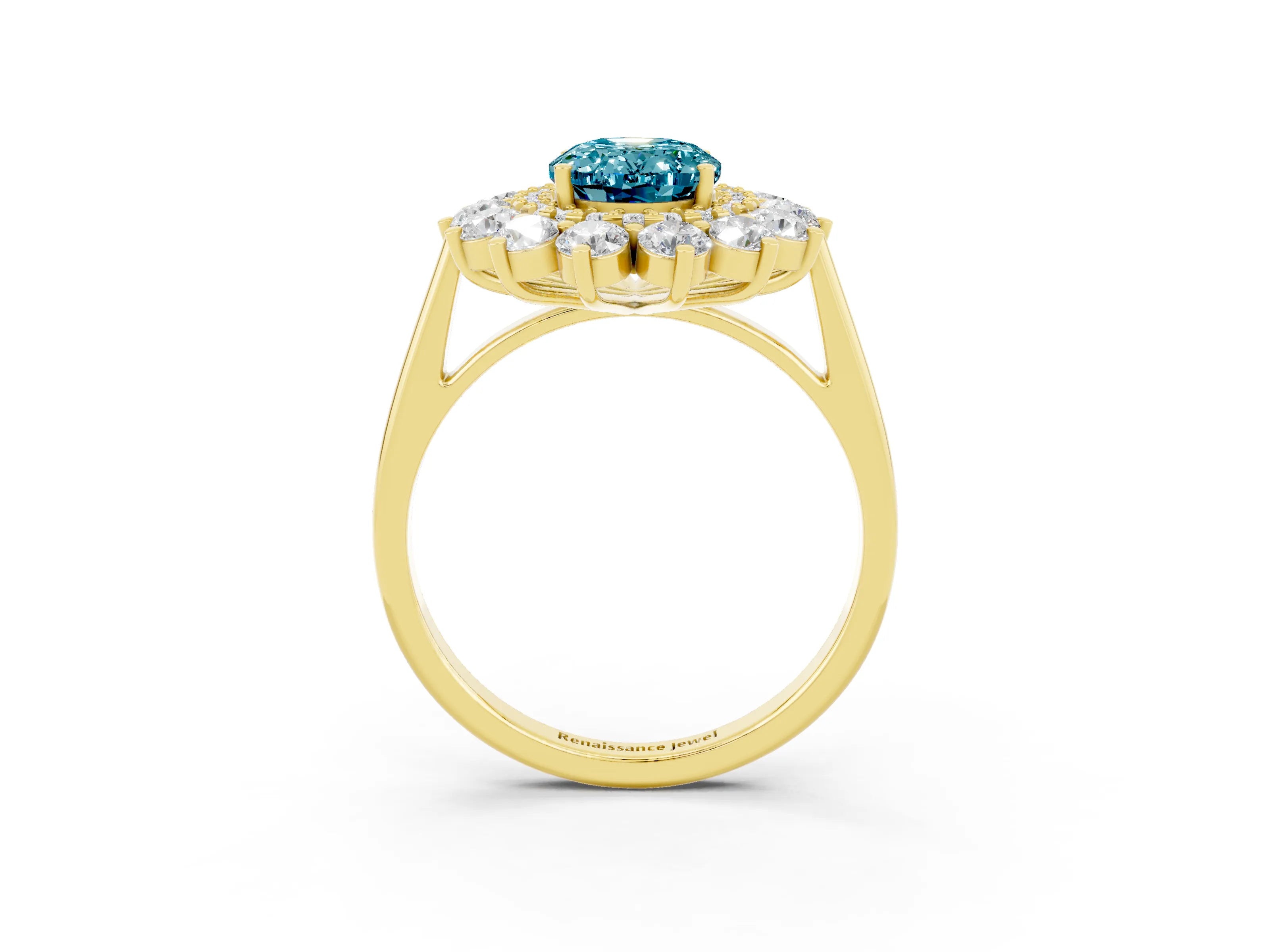 Yellow gold Oval Cut Halo Cluster Diamond Ring with Pave Band and Four-Prong Setting_3