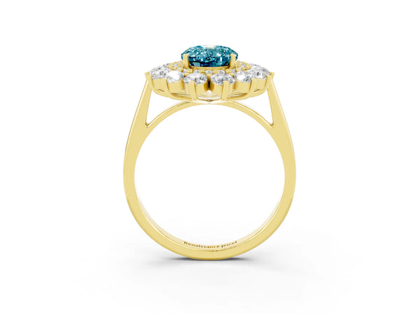Yellow gold Oval Cut Halo Cluster Diamond Ring with Pave Band and Four-Prong Setting