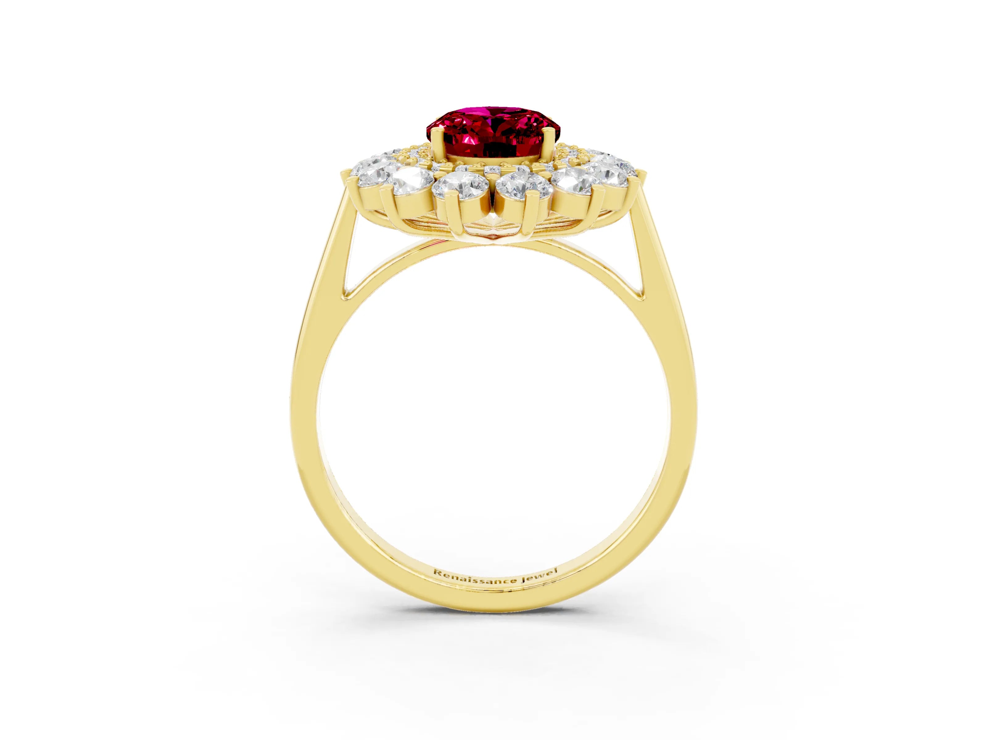 Yellow gold Oval Cut Halo Cluster Diamond Ring with Pave Band and Four-Prong Setting_3