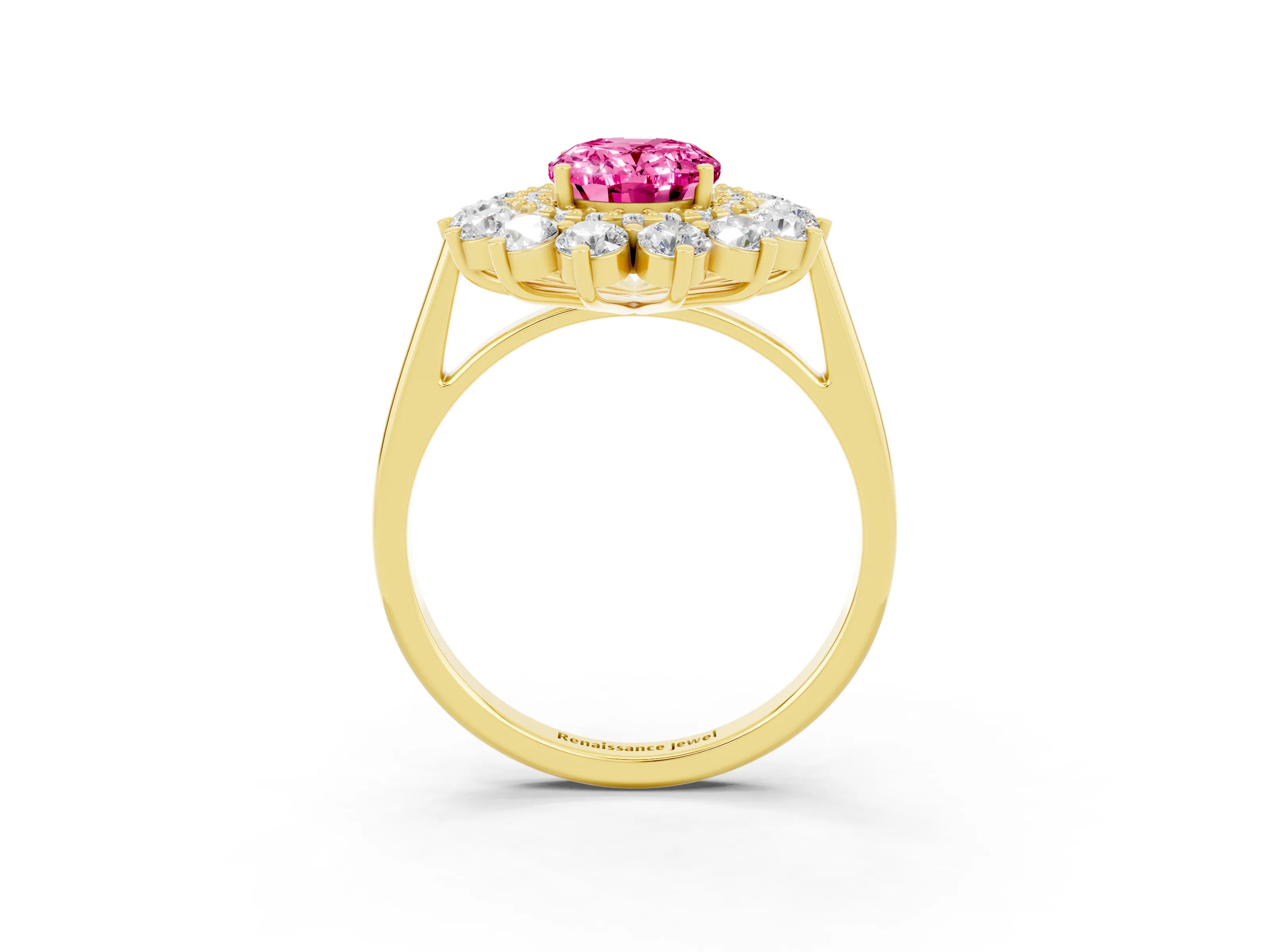 Yellow gold Oval Cut Halo Cluster Diamond Ring with Pave Band and Four-Prong Setting_3