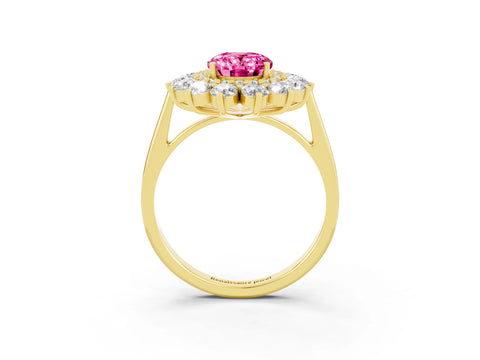 Yellow gold Oval Cut Halo Cluster Diamond Ring with Pave Band and Four-Prong Setting_3