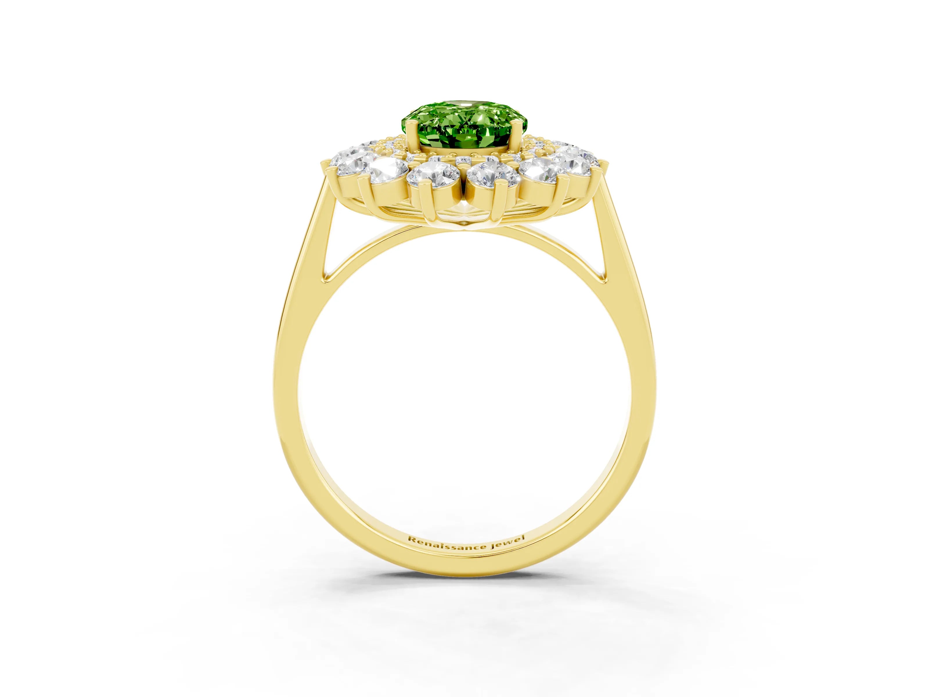 Yellow gold Oval Cut Halo Cluster Diamond Ring with Pave Band and Four-Prong Setting_3