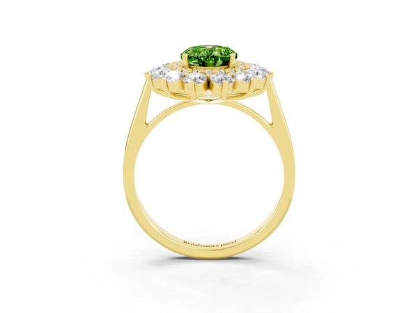 Yellow gold Oval Cut Halo Cluster Diamond Ring with Pave Band and Four-Prong Setting