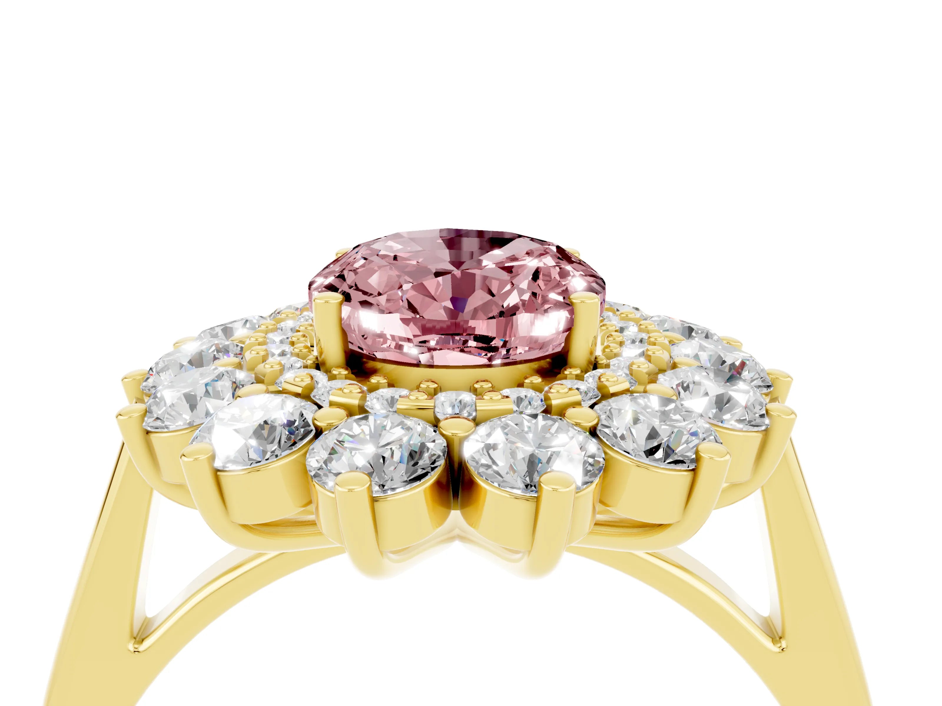 Yellow gold Oval Cut Halo Cluster Diamond Ring with Pave Band and Four-Prong Setting_4